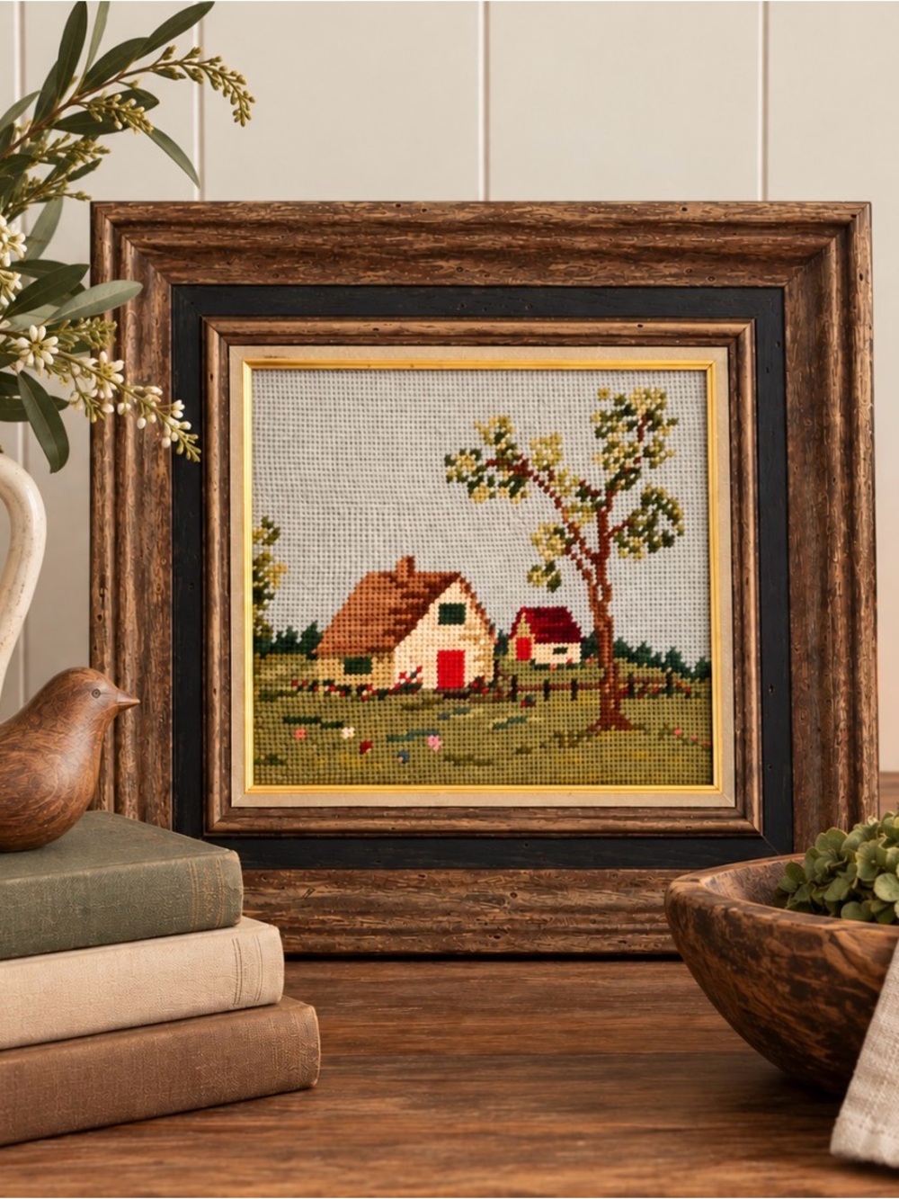 Vintage 1971 Hand Stitched Needlepoint Cottage Farmhouse Framed Wall Art